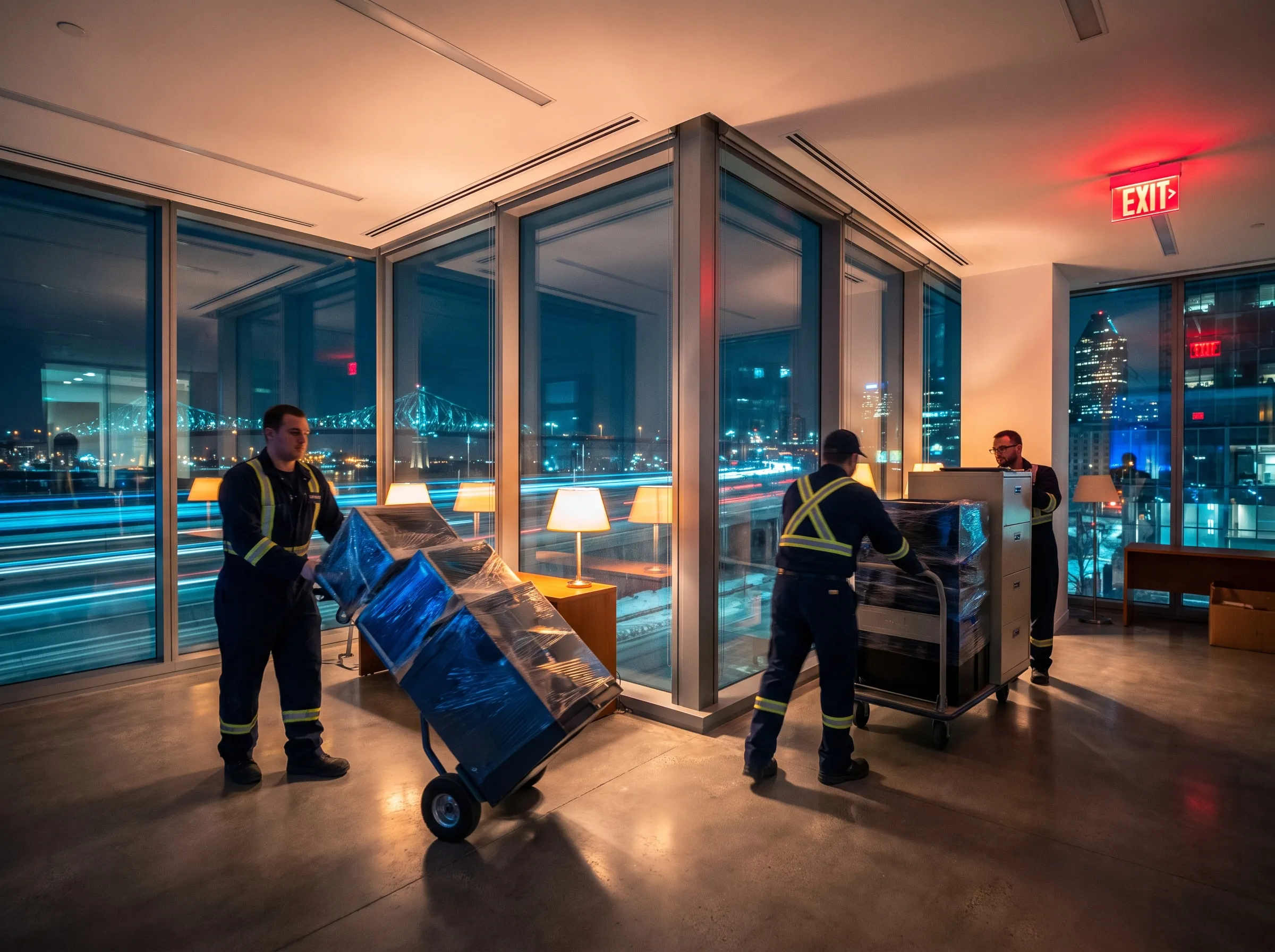 Équipe déménageant des bureaux la nuit devant la skyline de Montréal