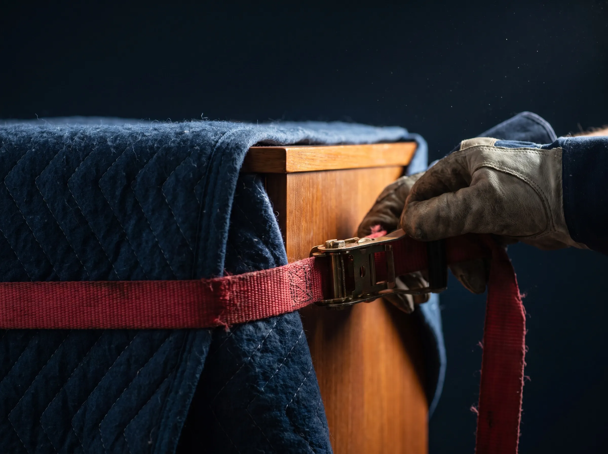 Sangle rouge serrée sur un meuble protégé par une couverture matelassée