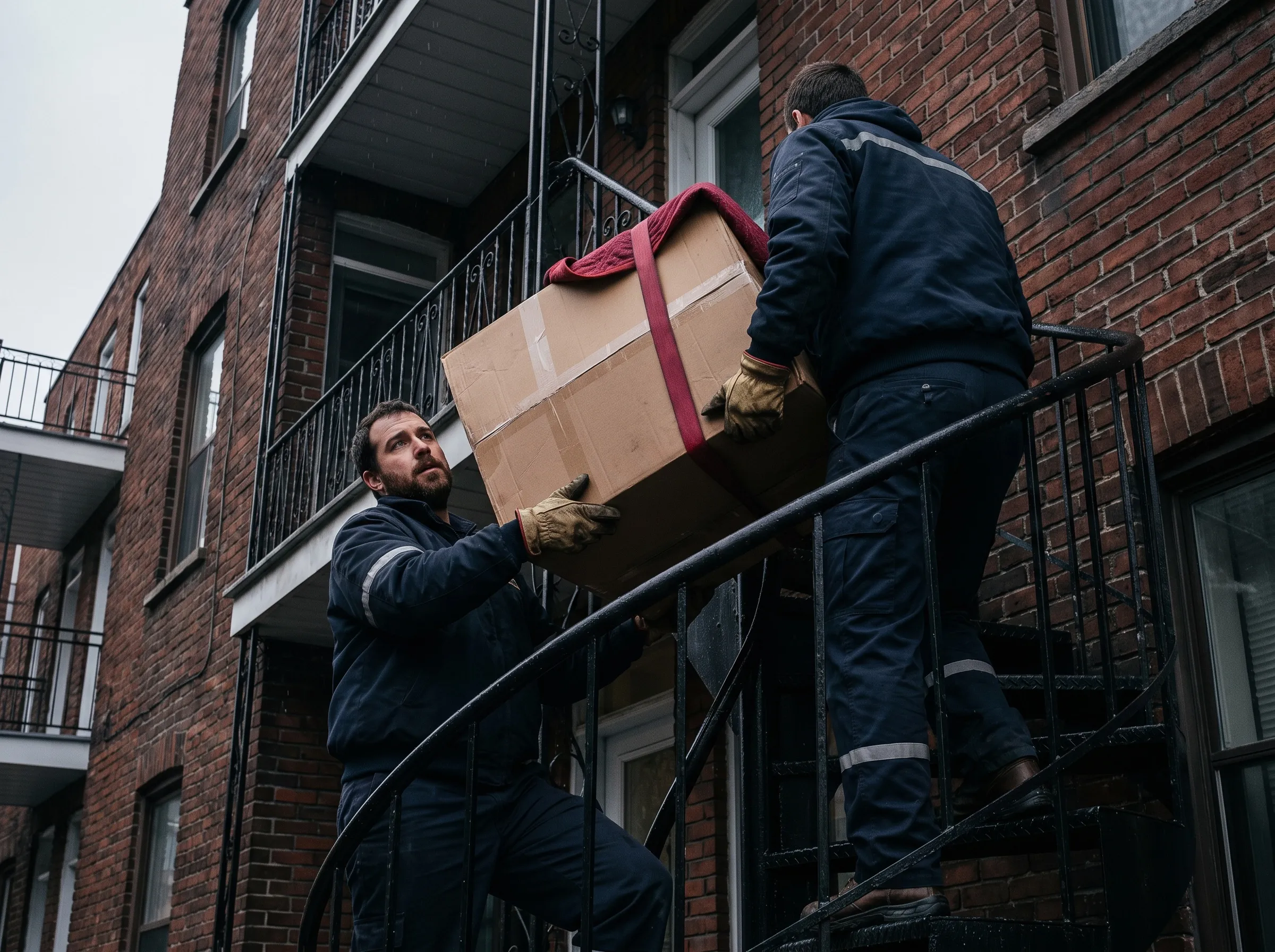Deux déménageurs montant une grosse boîte dans un escalier en colimaçon de Montréal